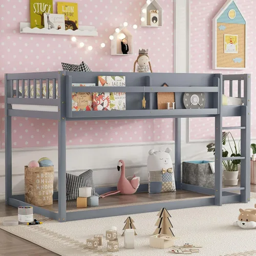 Vista 4 de Harper & Bright Designs Litera baja de madera maciza individual sobre individual para niños y jóvenes, marco de litera con barandillas y escalera