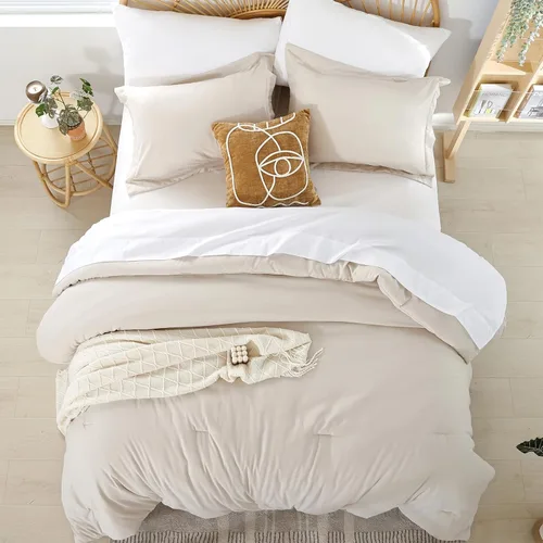 Vista 4 de weigelia Juego de edredón de tamaño matrimonial de 7 piezas, color beige, edredón de microfibra suave para todas las estaciones con sábanas, juego