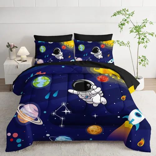 Vista 5 de AILONEN Juego de edredón para niños con temática de astronautas de dibujos animados tamaño individual, lindo juego de ropa de cama con cohetes