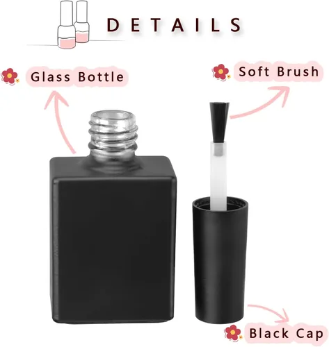 Vista 3 de Botellas vacías de esmalte de uñas de gel con cepillo de 0.3 onzas líquidas, color negro, cuadrado opaco de vidrio rellenable, botellas de esmalte