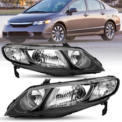 Vista 10 de TUSDAR Juego de montaje de faros delanteros compatible con Honda Civic Sedan 2006-2011 de 4 puertas con bombillas, carcasa negra y reflector