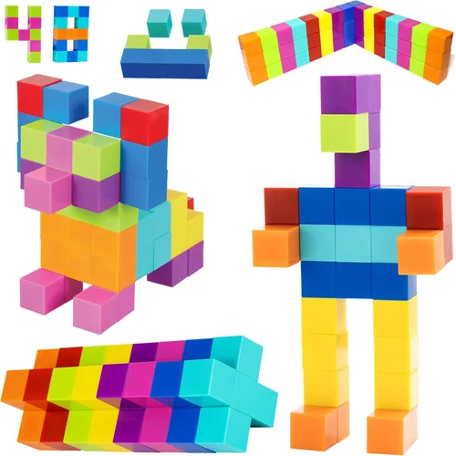 Vista 12 de BrainSpark Juego de 48 cubos de construcción magnéticos de bloques digitales, color negro, blanco y gris, juguetes magnéticos para educación STEM