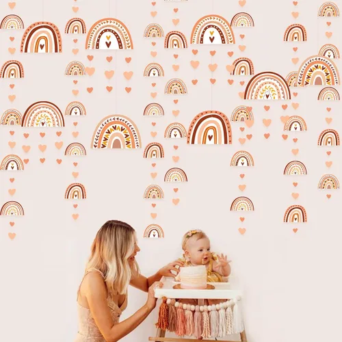 Vista 4 de Decoraciones de Fiesta Arcoíris Boho Guirnalda Colgante de Recortes de Corazones Arcoíris Boho para Fiestas Groovy Retro Hippie Cumpleaños Baby