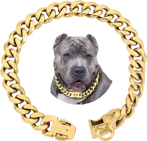 Vista 8 de BAOBOTE Collar de perro de acero inoxidable plateado de 0.59 pulgadas con cadena de eslabones cubanos resistente a prueba de mordidas, collar
