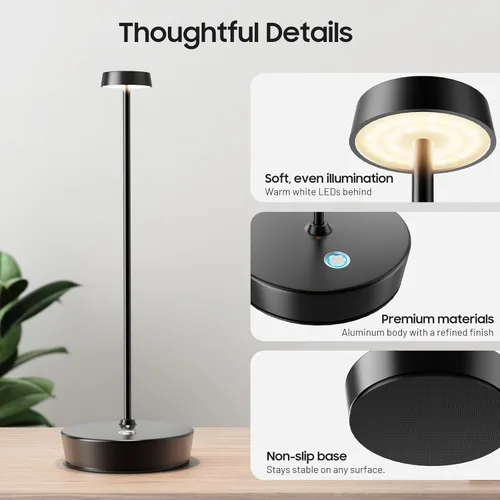 Vista 5 de Paquete de 2 lámparas de mesa LED inalámbricas, luz de mesa recargable, lámpara de mesa regulable de 3 colores, luz de mesa portátil