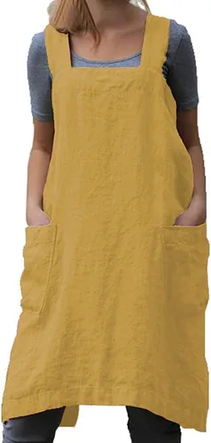 Vista 12 de TBA Delantal de lino de algodón, delantal con espalda cruzada para mujer con bolsillos grandes, vestido tipo delantal cuadrado para hornear