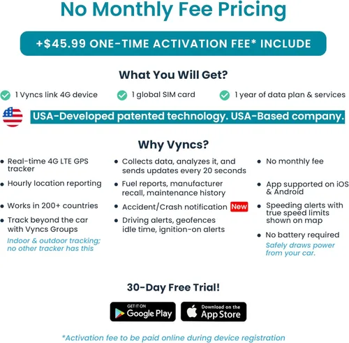 Vista 2 de Vyncs Flota: GPS Tracker Sin tarifa mensual, 4G LTE OBD, Seguimiento de automóviles y camiones en tiempo real, SIM, Plan de datos gratuito de 1 año