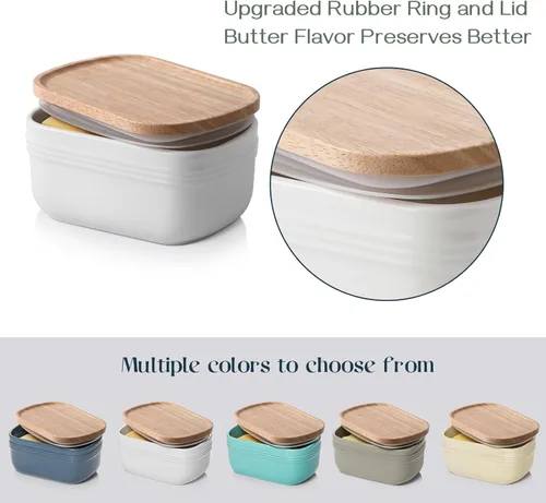 Vista 3 de DOWAN - Mantequera de cerámica, mantequera extra grande para encimera o refrigerador, contenedor de mantequilla hermético con tapa de madera