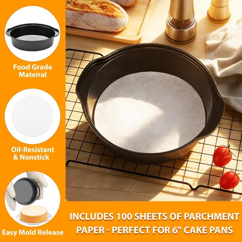 Vista 4 de Molde para pasteles de 6 pulgadas, 3 moldes redondos de acero al carbono con 100 piezas de papel pergamino, antiadherente y fácil de desmoldar,