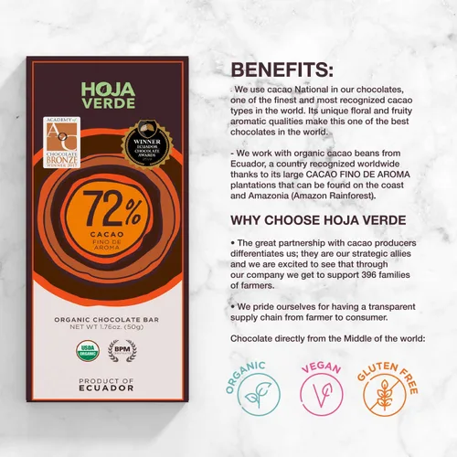 Vista 3 de Hoja Verde Chocolate negro orgánico 72% chocolate negro I vegano, sin gluten, sin soja, sin OMG, paleo