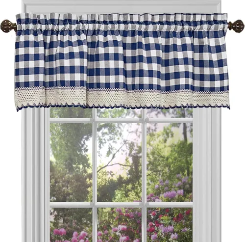 Vista 11 de Cortinas de Ventana con Cenefa de Cuadros Buffalo - 58 Pulgadas de Ancho, 14 Pulgadas de Largo - Cuadros Blanco y Negro - Cortinas de Granja Rústica