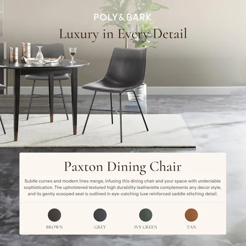 Vista 3 de POLY & BARK Paxton - Juego de 2 sillas de comedor modernas con respaldo bajo, tapicería de piel sintética y base de acero negro mate, asiento cómodo