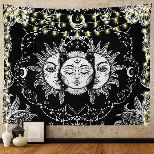 Tapiz de sol y luna, tapices en blanco y negro, sol ardiente místico con estrella, decoración para colgar en la pared para dormitorio (40 pulgadas