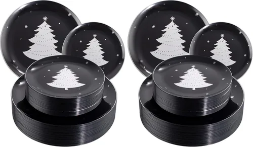 Vista 15 de WDF 50 platos de plástico plateado de Navidad, platos de plástico con copos de nieve, platos desechables blancos y plateados pesados para Navidad