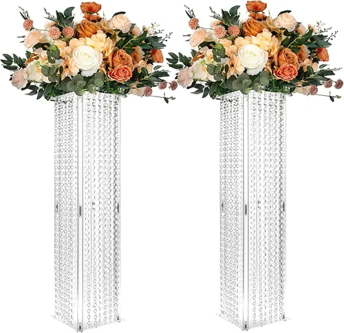 2 piezas de centro de mesa de boda jarrones acrílicos con candelabro de cristal – 31.5 pulgadas de alto transparente rectangular soporte de flores
