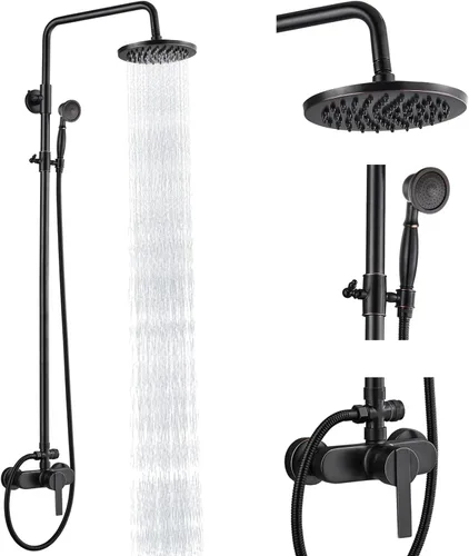Vista 14 de Heyalan Sistema de ducha de tubería expuesta de latón antiguo Cabezal de ducha de lluvia de 8 pulgadas, conjunto combinado de accesorios de latón