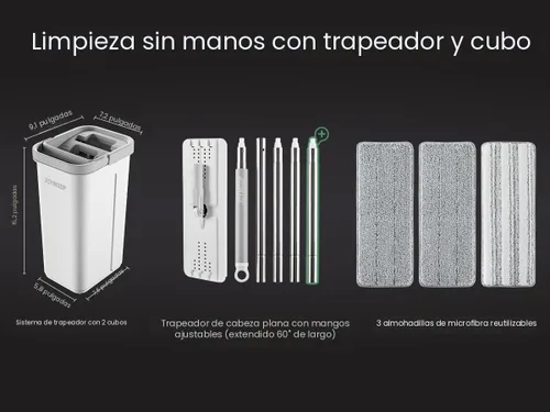 Vista 5 de JOYMOOP Juego de mopa y cubo con escurridor, mopa y cubo de piso plano sin manos, mopa de 60" con 3 almohadillas de microfibra reutilizables, uso