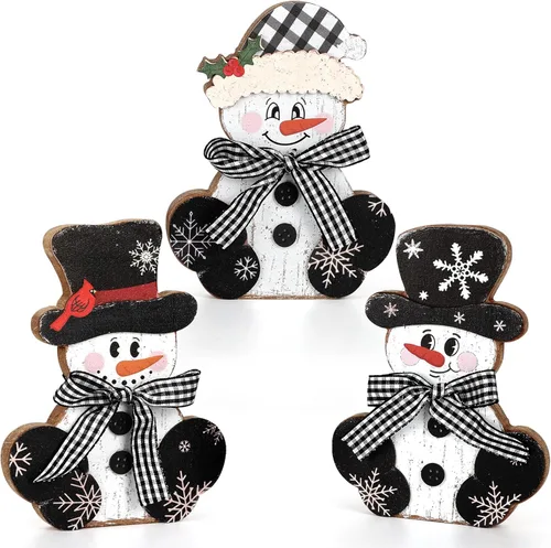 3 piezas de centros de mesa de Navidad en madera, decoración rústica de muñeco de nieve para mesa, señales de mesa de Navidad, bloques de decoración
