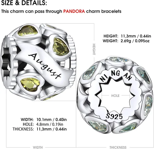 Vista 3 de Abalorio de plata de ley 925 con piedra natal de Ningan abalorio de corazón para pulseras y collares regalo de cumpleaños para mujeres y niñas