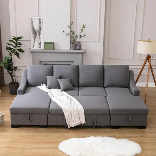 Vista 3 de AMNOOL Upholstered Sectional Sleeper Sectional Pull Out Sofa Bed U Shape Sectional Sofa with Double Storage and 2 Throwable Cushions for Living Room