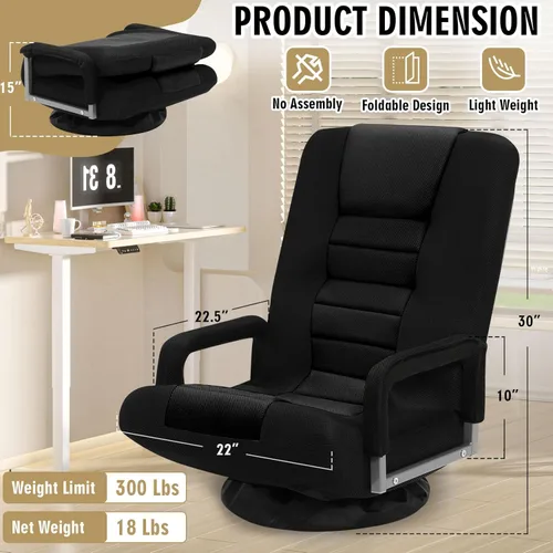 Vista 3 de Silla de juegos giratoria de piso con reposabrazos, sofá reclinable plegable de video con 6 posiciones ajustables, respaldo acolchado y cojín, sofá