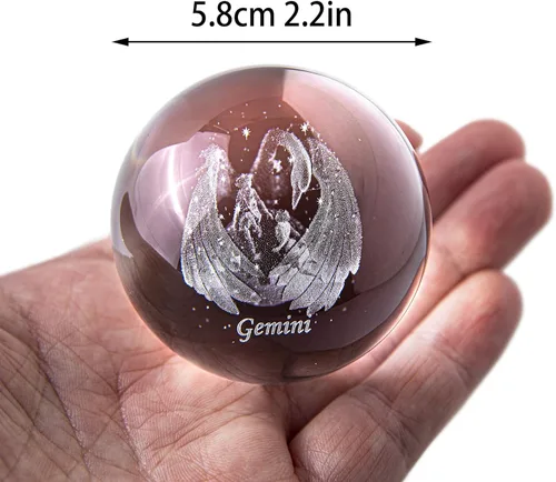 Vista 5 de Bola de cristal de constelación 3D de 60 mm, peso de papel de cristal completo de vidrio Fengshui con soporte floral plateado (Géminis)