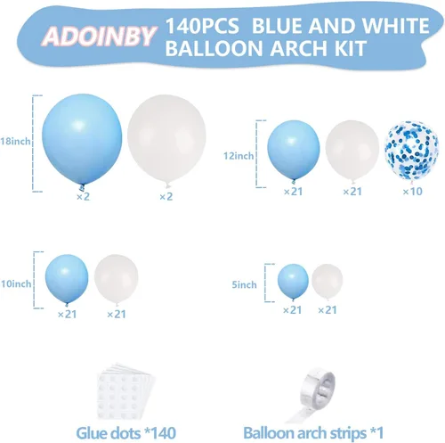 Vista 2 de Kit de Arco de Globos Azul y Blanco ADOINBY, 140 Piezas Kit de Guirnalda de Globos Pastel Azul Claro y Blanco, Globos de Diferentes Tamaños de 18 12