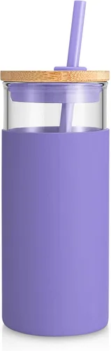Vista 27 de Tronco Vaso de vidrio de 20 onzas con tapa y popote, taza de café helado y vaso para batido con tapas de bambú y funda protectora de silicona, apto