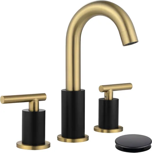 ChiLDano Grifo de baño negro y dorado de 3 agujeros con desagüe emergente (con desbordamiento) y manguera de suministro, grifo de lavabo de baño de