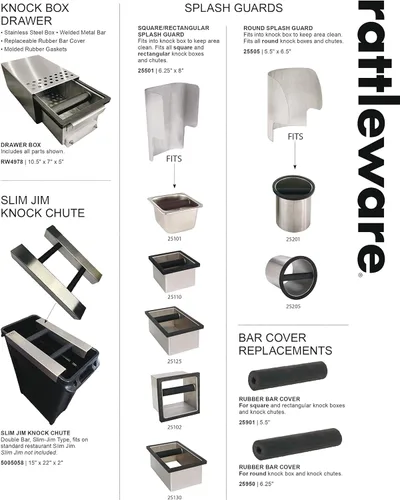 Vista 4 de Rattleware Caja de acero inoxidable con fondo abierto – Contenedor de eliminación de disco de espresso resistente con barra de goma soldada – Se