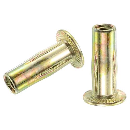 uxcell Tuercas remachadoras multiagarre 1/4-20, 5 piezas de vástago preabombado cabeza plana roscada tuerca de inserción chapada en zinc dorado,
