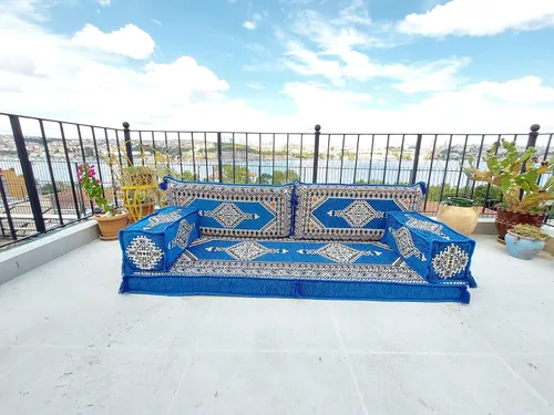 Vista 3 de arabicsofa Juego de sofá árabe en forma de U - Asiento modular azul real para habitación de invitados