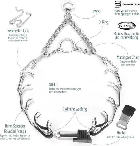 Vista 3 de Collar de perro de acero cromado Herm Sprenger para perros pequeños con hebilla de liberación rápida ClicLock y inserto de Biothane Collar de punta