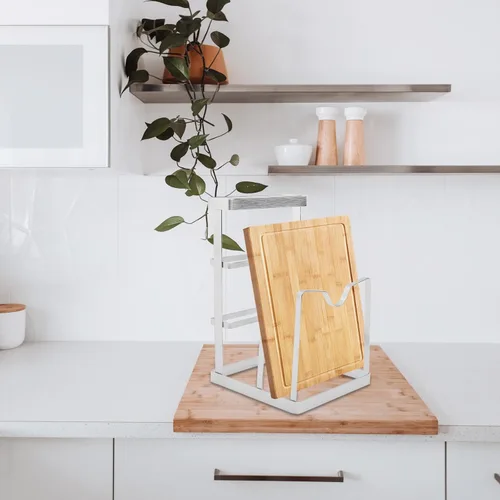 Vista 9 de Hemoton Soporte para tapa de olla de cocina y estante para tabla de cortar, organizador de acero inoxidable para almacenamiento de encimera