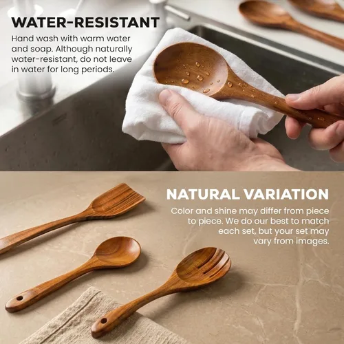 Vista 5 de Zulay Kitchen Juego de 6 cucharas de madera para cocinar, juego de utensilios de madera de teca natural, fácil de limpiar, duradero, suave