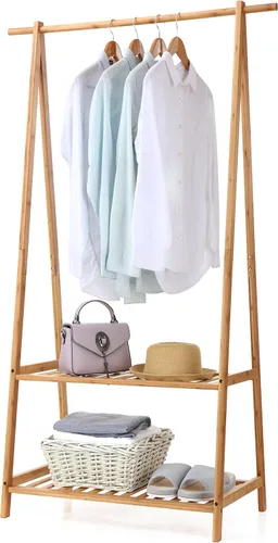 Vista 7 de Finnhomy Estante de ropa de bambú portátil extra grande con estantes de almacenamiento de 2 ruedas para recibidor y dormitorio, diseño patentado