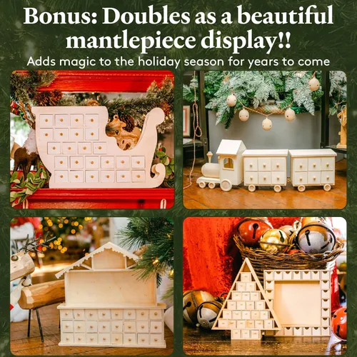Vista 4 de Calendario de Adviento de madera de tren de 8 x 22 pulgadas, paquete de 1 calendario de Adviento de Navidad sin terminar con 24 cajones vacíos
