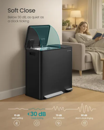 Vista 5 de SONGMICS Kitchen Dual Trash Can, 13 + 5.3 Gallon (50 + 20 L) 2-Compartment Trash and Recycle Bin, Stainless Steel Garbage Can, Pedals, Soft-Close