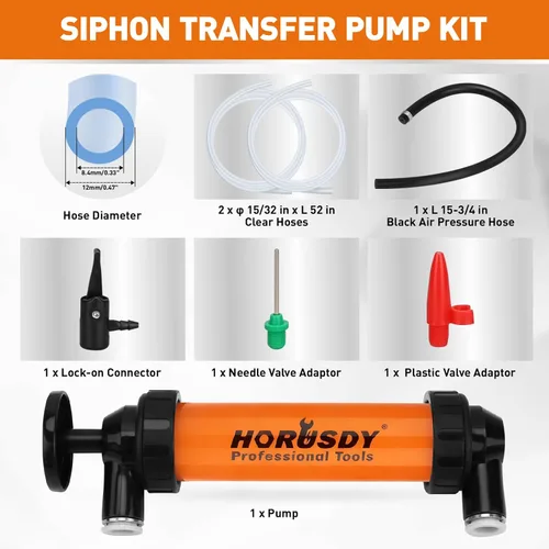 Vista 3 de Kit de bomba de transferencia de sifón multiuso HORUSDY Bombas de combustible manuales de mano para gas, aceite, agua con manguera de aire, bomba
