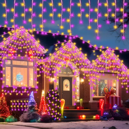 Vista 7 de 1216 luces LED de carámbano de Halloween moradas y naranjas, 99 pies de largo, luces de Navidad para decoración al aire libre, 8 modos, luces LED