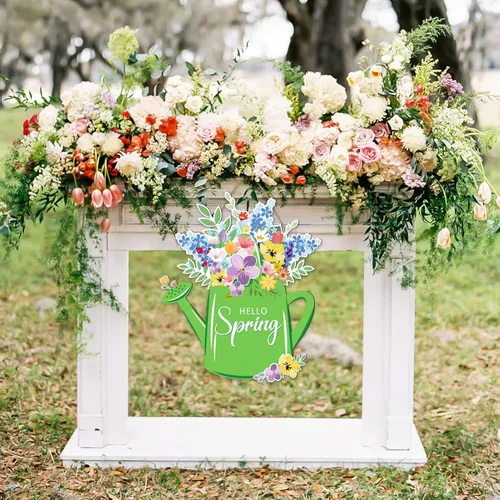 Vista 8 de Letrero de puerta de decoración de primavera, colgante de puerta de madera de bienvenida con texto en inglés «Hello Spring» para primavera, Pascua