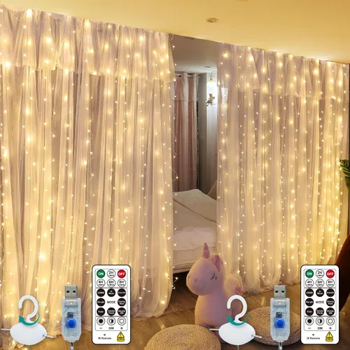 Vista 16 de HXWEIYE 300 luces LED de cortina de hadas, 9.8 x 9.8 pies, enchufe USB, 8 modos de luces colgantes de Navidad con control remoto para dormitorio