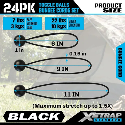 Vista 3 de XSTRAP STANDARD 24 cuerdas elásticas de bolas de varios tamaños con cuerda elástica para toldo, lona, correas, tienda de campaña y alambres, 6, 9