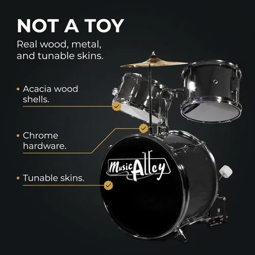 Vista 2 de Music Alley Juego de batería para niños de 3 piezas con baquetas y asiento de trono de tambor