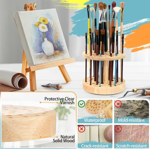 Vista 5 de Soporte para pinceles de pintura de 52 agujeros, organizador de pinceles de pintura giratorio de 360°, soporte de almacenamiento de madera dura