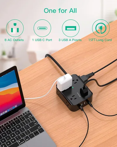 Vista 2 de Cable de extensión de 15 pies 8 salidas con protector de sobretensiones con puertos USB, cable de extensión trenzado resistente, enchufe plano