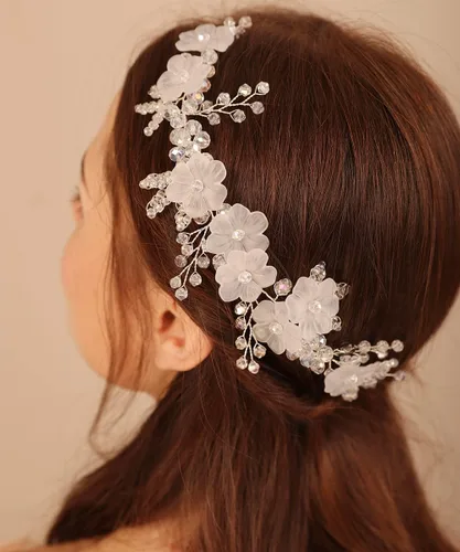 Xerling Vid de cristal plateado para novias, diadema de flores para niñas, accesorio para el cabello de boda, pieza de pelo floral nupcial (blanco)