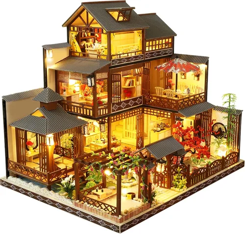 Vista 11 de Spilay Kit de muebles de madera en miniatura para casa de muñecas, modelo de castillo grande hecho a mano con cubierta antipolvo y caja de música