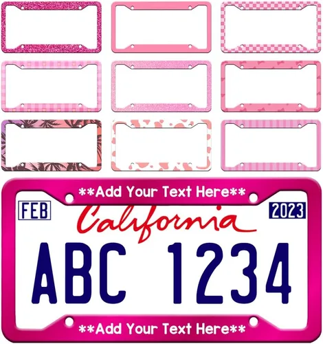 Vista 2 de Marco de matrícula personalizado de 2 agujeros para niñas, telón de fondo impreso para placa de matrícula, cubierta personalizable de aluminio