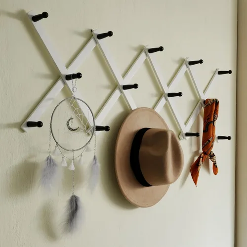 Vista 5 de SKOLOO Perchero de pared para sombreros con 14 ganchos, de madera maciza, moderno, perchero de pared expandible para abrigos, sombreros, bolsos